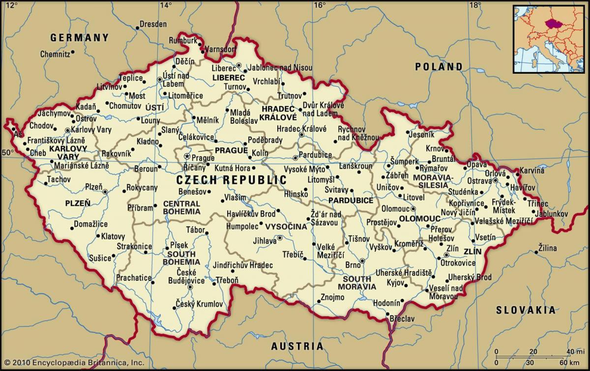 Mapa da República Checa (Checoslováquia) com as principais cidades