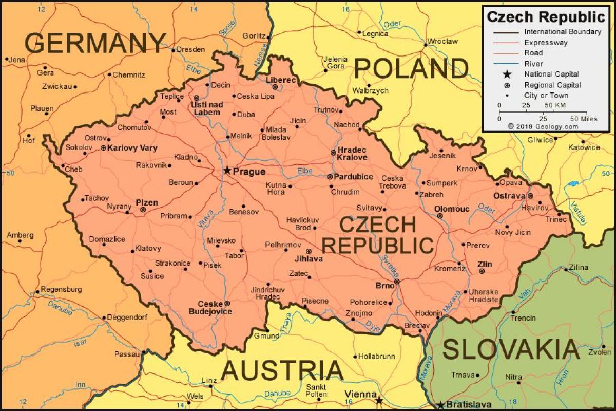 Mapa da República Checa (Checoslováquia) e dos países limítrofes