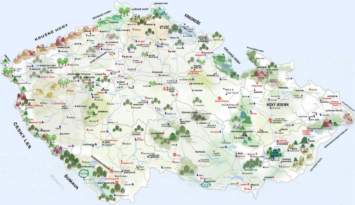 Mapa das atracções turísticas da República Checa (Checoslováquia)