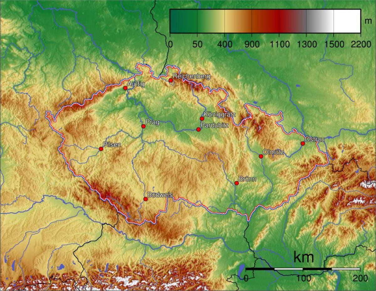 Mapa de altitude da República Checa (Checoslováquia)