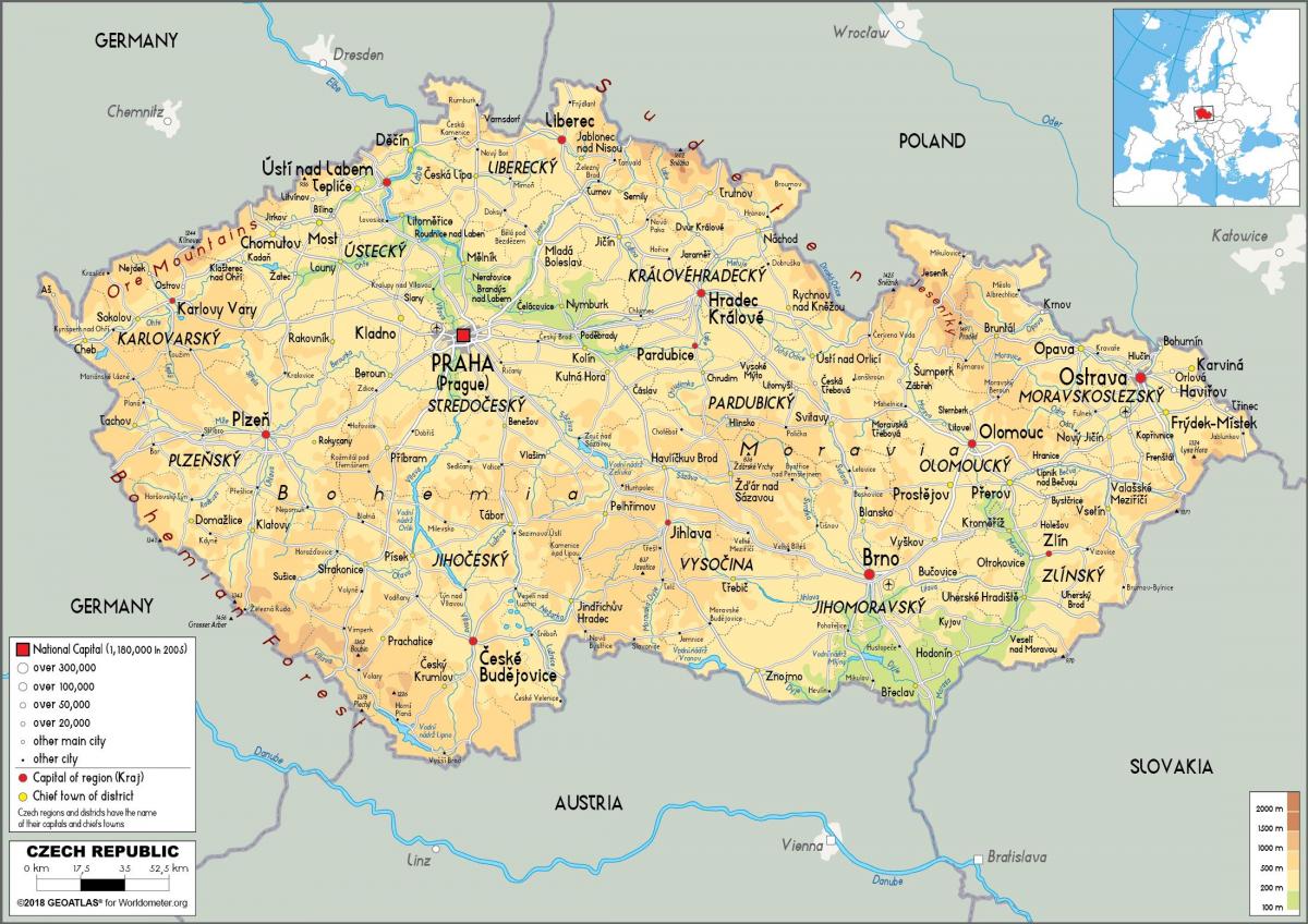 Mapa do relevo da República Checa (Checoslováquia)