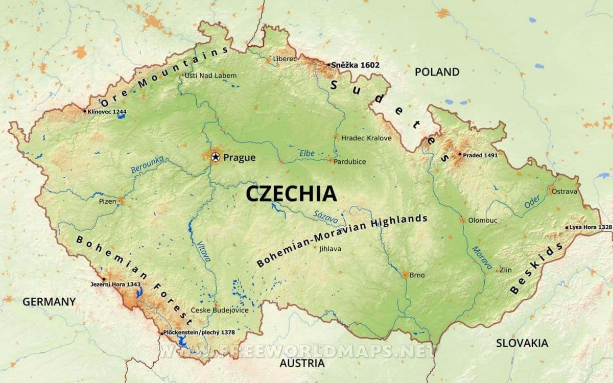 Mapa das montanhas na República Checa (Checoslováquia)