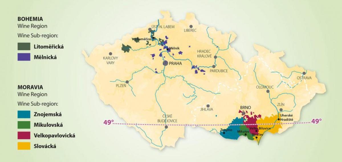 Mapa dos vinhedos da República Checa (Checoslováquia)